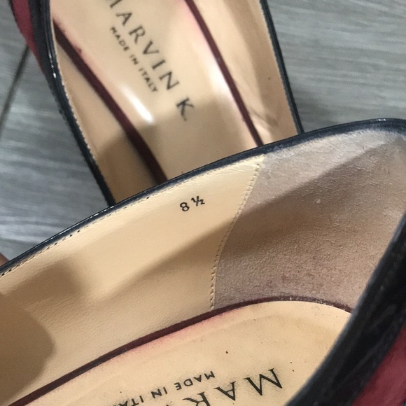 Marvin K. Burgundy Suede Wingtip Detailing Pumps w/ Black Patent Leather Trim - Picture 5 of 10